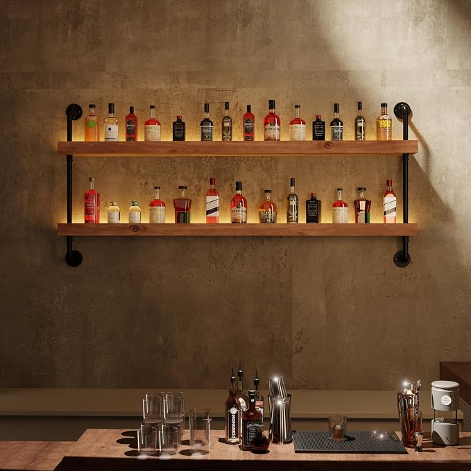 Wall Mounted Wine Rack with LED Light, LED Industrial Pipe Wine Shelf, 2-Tier - Image 6