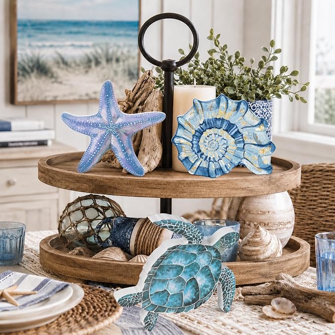 3 Pcs Beach Theme Wooden Tabletop, Sea Turtle Conch Starfish Decor Signs - Image 5