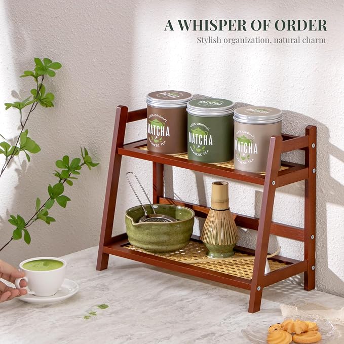 ANBOXIT Rattan-Look Matcha Station Organizer, Countertop Bamboo Tea & Coffee - Image 3