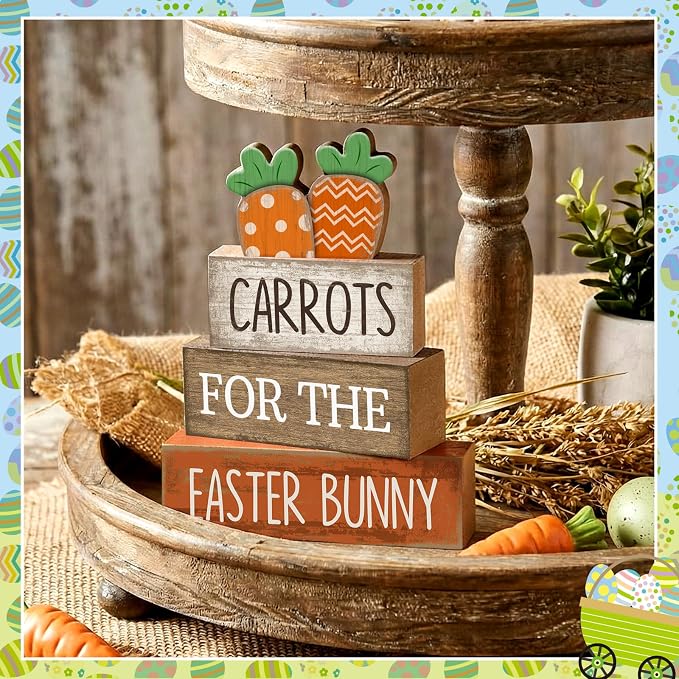 Lineshading 4 Pcs Easter Decor Wooden Carrot Decoration Easter Tiered Tray - Image 7