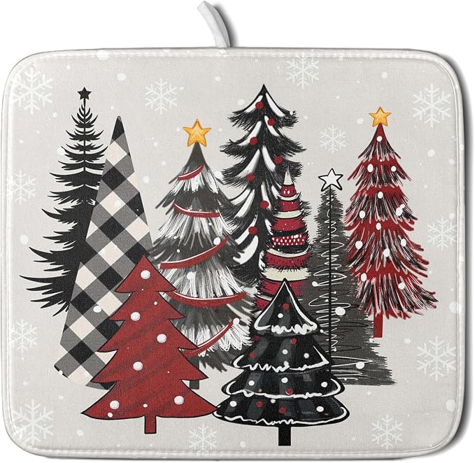 Christmas Trees Dish Drying Mat 16x18 In, Xmas Red Black Buffalo Plaid Pine by Kawani