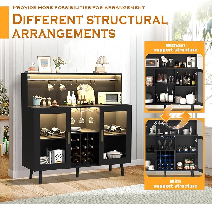 Wine Bar Cabinet with LED Light, Liquor Coffee Cabinet Bar w/Wine Rack & Glass - Image 4