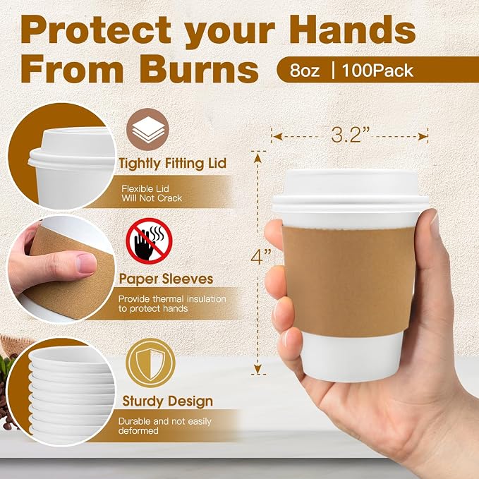 Ginkgo 100 Pack 8 oz Thickened Paper Coffee Cups - Image 2