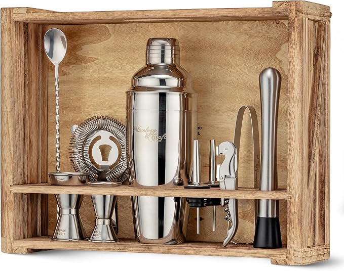 Mixology & Craft Rustic Cocktail Shaker Set – Includes Wood Stand, Complete by MixologyCraft