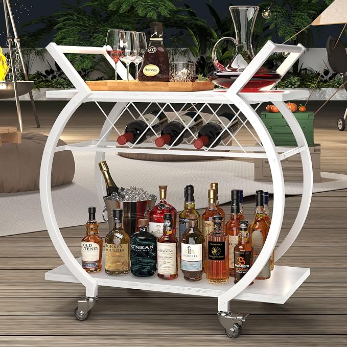 LVB White Bar Cart, Modern Rolling Serving Wine Cart - Image 5