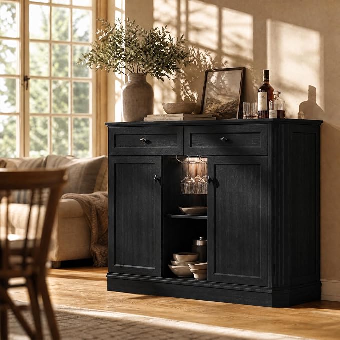 Black Coffee Bar with 2 Drawers & 2 Doors, LED Wine Bar Cabinet with Wine - Image 6