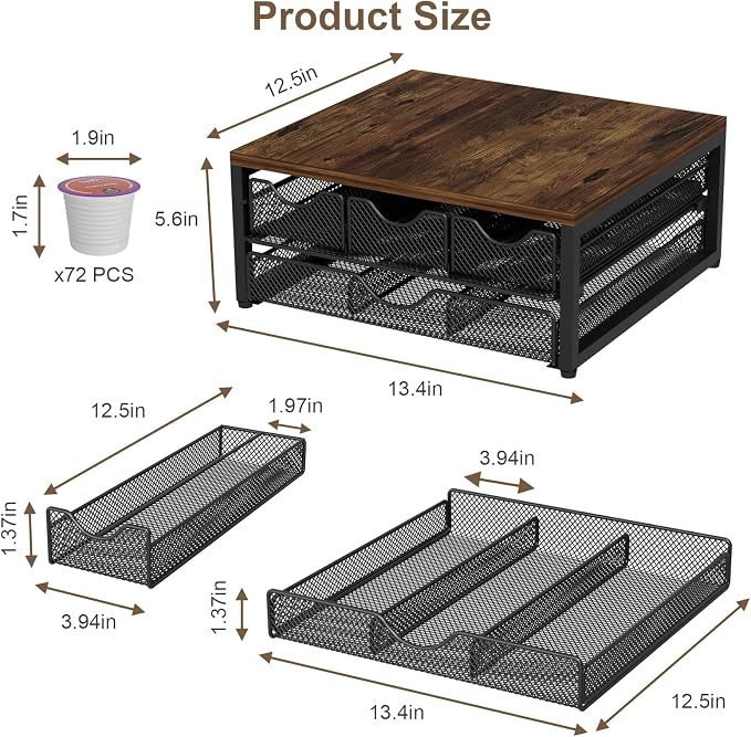 Coffee Pod Holder For Counter, 3 Pull-Out 72 K-Cup Holder Drawer, Wooden Cafe - Image 3