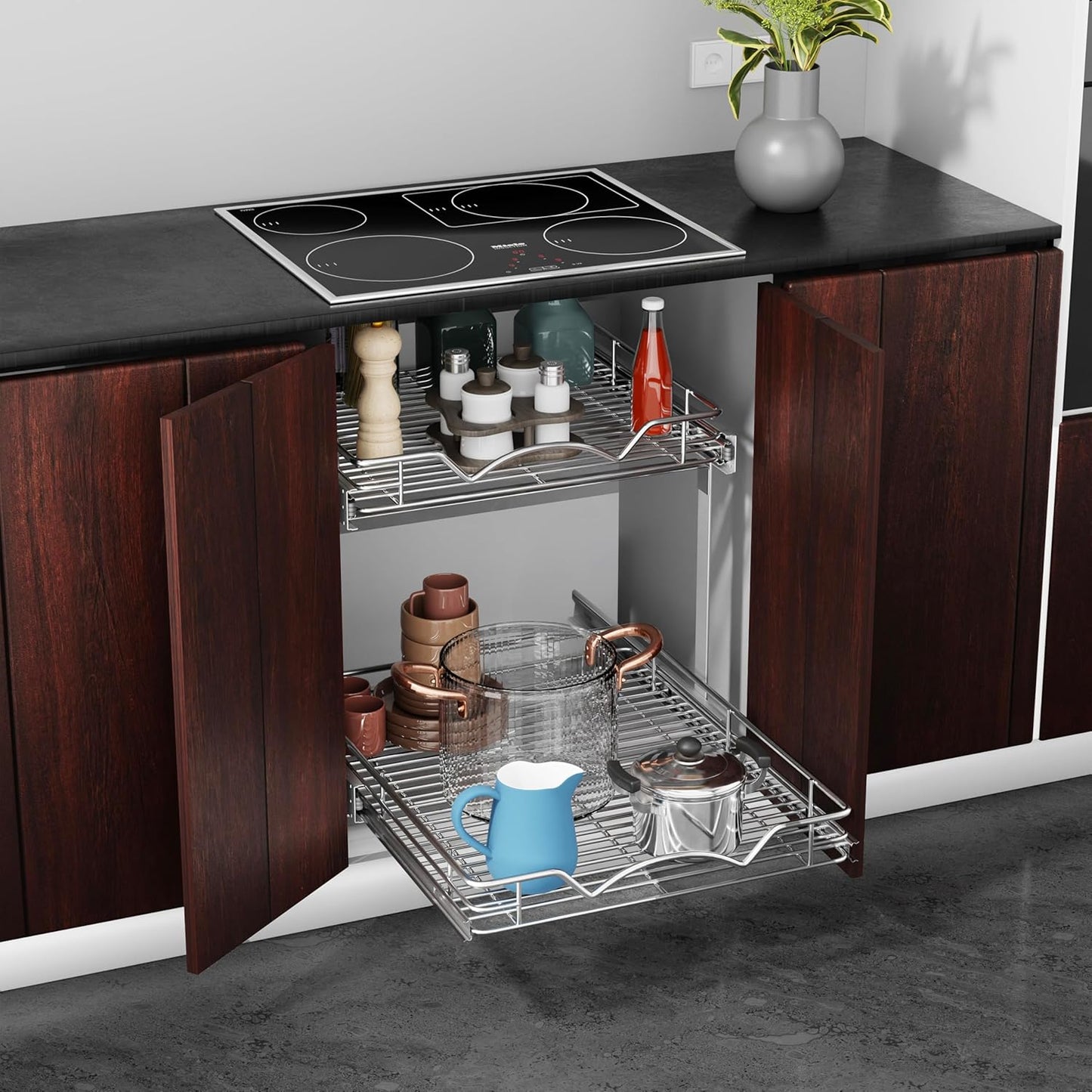 HOLDN’ STORAGE Two Tier Pull Out Cabinet Organizer, Individual Sliding Drawers - Heavy Duty Metal with Lifetime Limited Warranty - Anti Rust Chrome Finish - 20" W x 21”D x 16.5" H