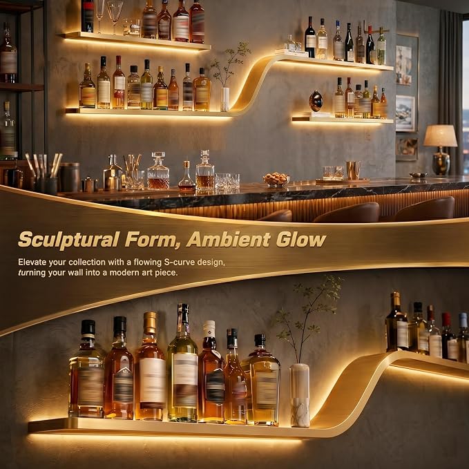 Wall Mounted Wine Rack with LED Lights, Modern Curved Design Floating Bar - Image 4