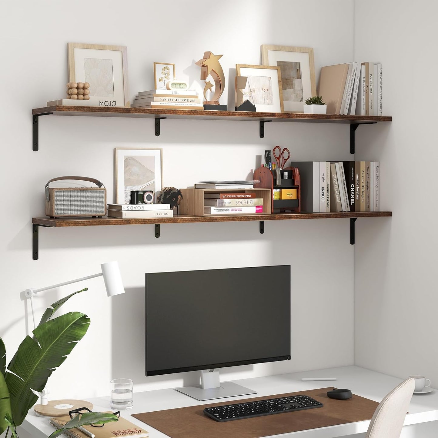 Fun Memories Deep Floating Shelves, 55W x 8D Floating Shelves Set of 2, Wall Mounted Shelf with Metal Brackets, Rustic Wood Wall Shelf for Bathroom, Kitchen and Living Room, Rustic Brown