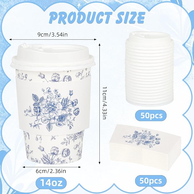 50Pcs Blue Floral Disposable Paper Coffee Cups - Image 2