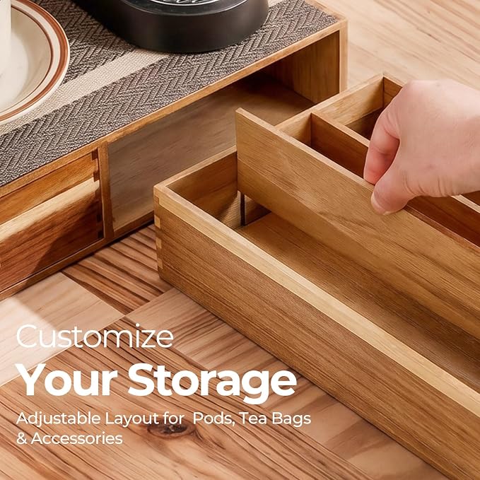 K Cup Organizer Drawer, Acacia Wood Coffee Pod and Tea Bag Storage Box - Image 5