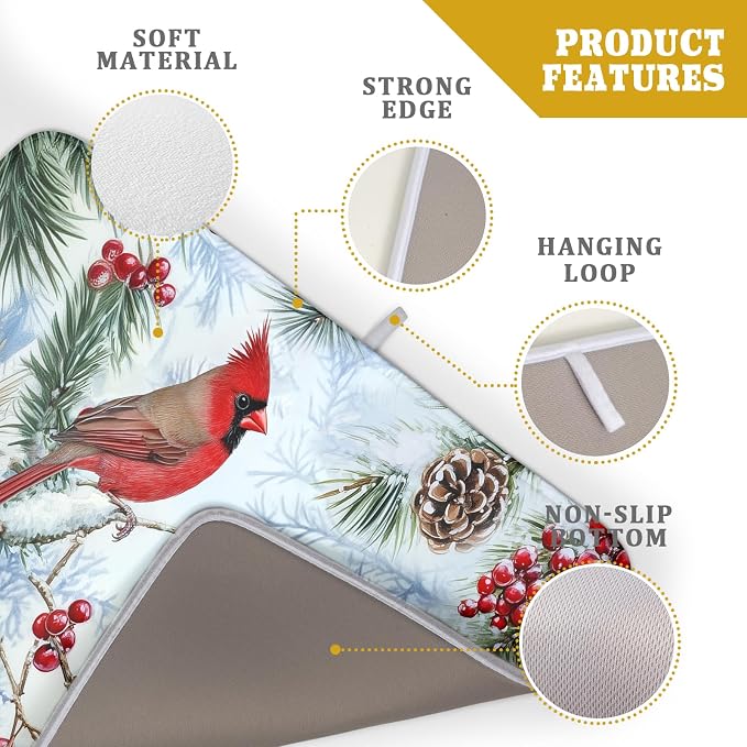 Winter Birds Dish Drying Mats 18x24 Inch, Pine Cone Berries Branch Bird Large - Image 4
