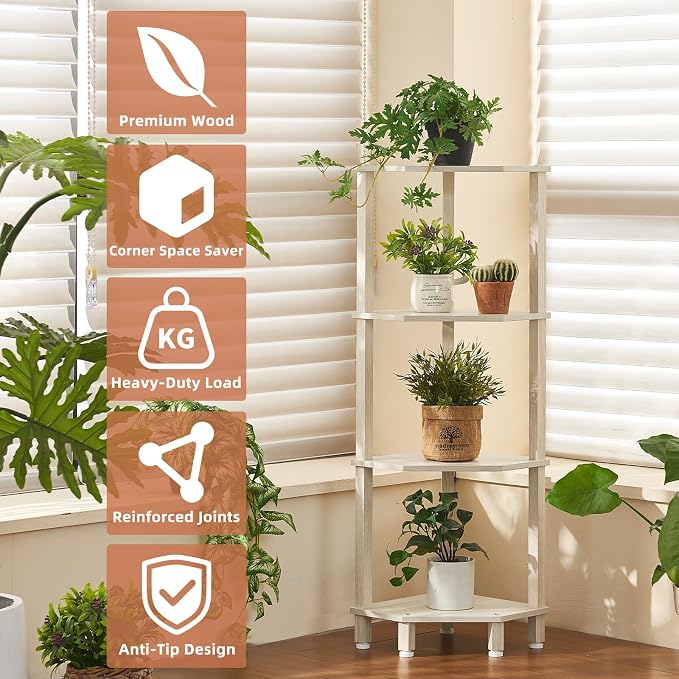 YUFAM 4-Tier Corner Shelf with Sturdy 5-Leg Base, Wooden Corner Bookshelf - Image 6