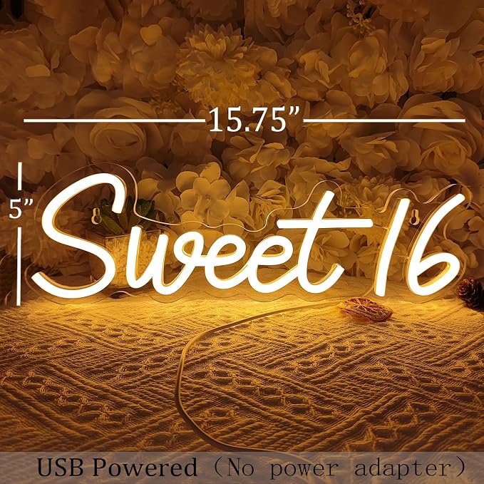 SYLHOME Sweet 16 LED Neon Light Sign Sweet Girls Adults Bedroom Happy 16th - Image 3