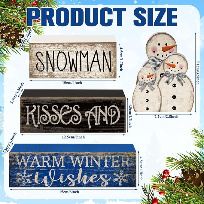 Lineshading 4 Pcs Winter Table Decor Wooden Snowman Decorations Winter Tiered - Image 2