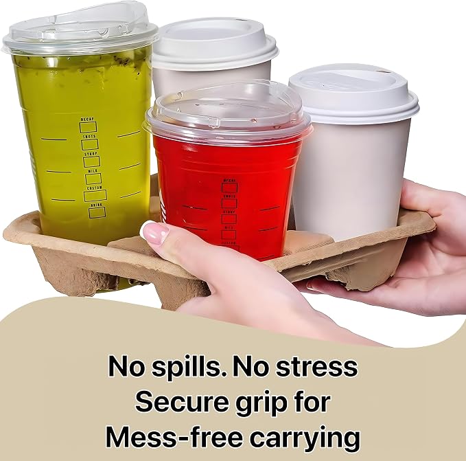 4-Compartment Drink Carrier, 8–32 oz No-Spill Biodegradable Eco-Friendly Tray - Image 5