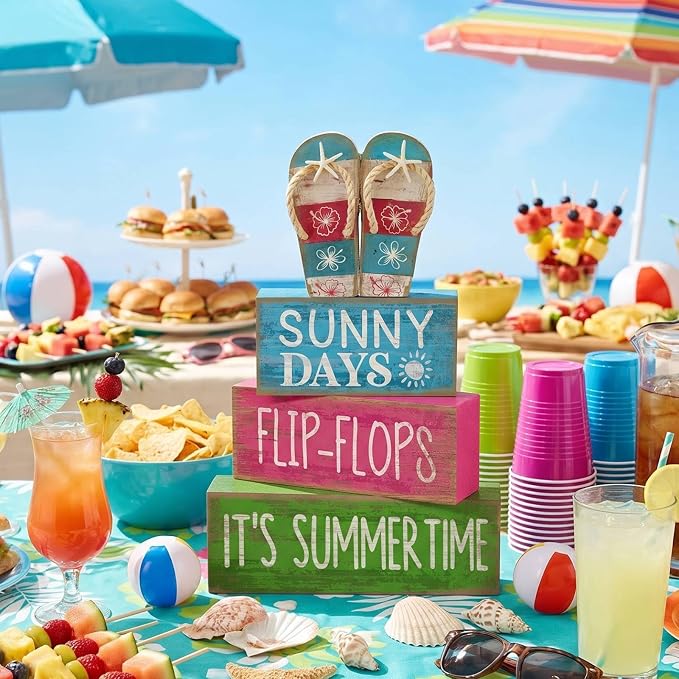 Lineshading 4 Pcs Summer Table Decorations Wooden Flip-flop Stacked Block Decor - Image 8
