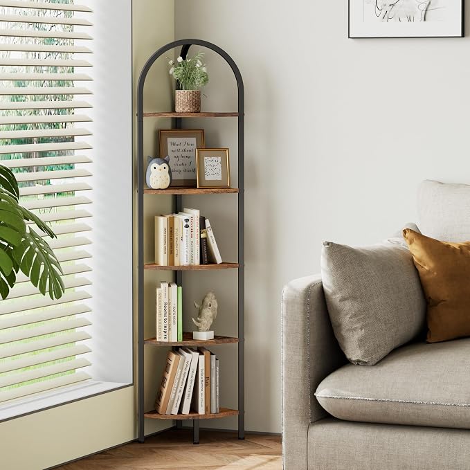 Homhedy 5-Tier Arched Corner Shelf Stand, Wall Corner Bookshelf - Image 9