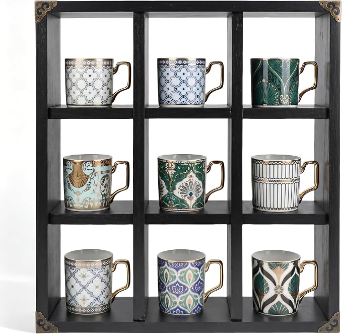 9 Slot Coffee Mug Display Rack - 17in Wall Mounted | Solid Wood by MITREL