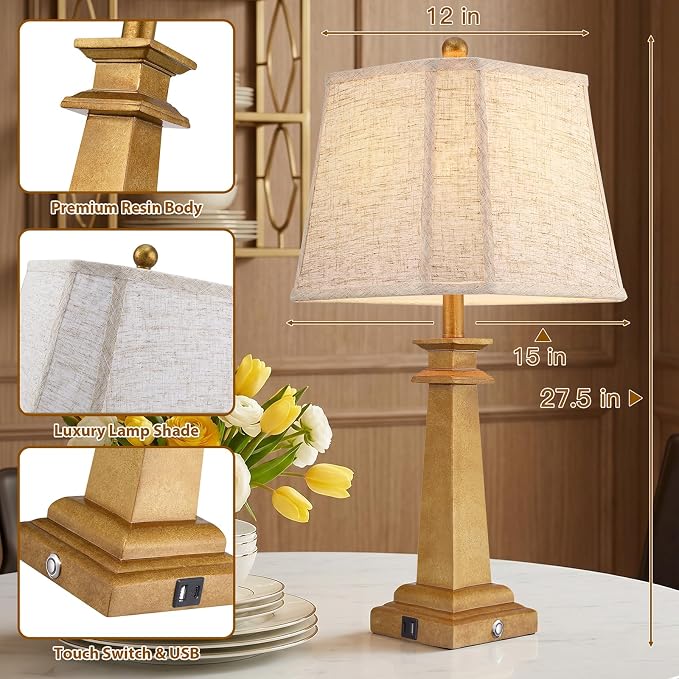 27.5" Table Lamps Set of 2, 3-Way Dimmable Touch Lamps - Image 3