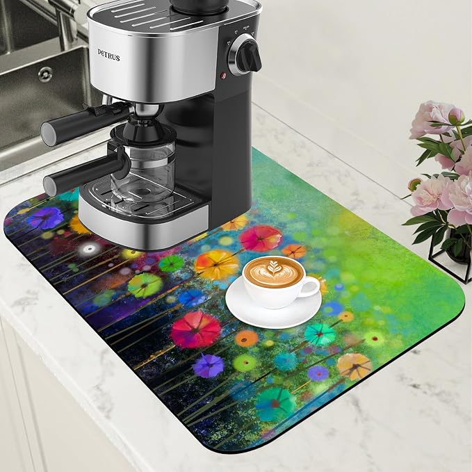 Dish Drying Mat Watercolor Rainbow Dandelion Coffee Bar Mat by Unknown