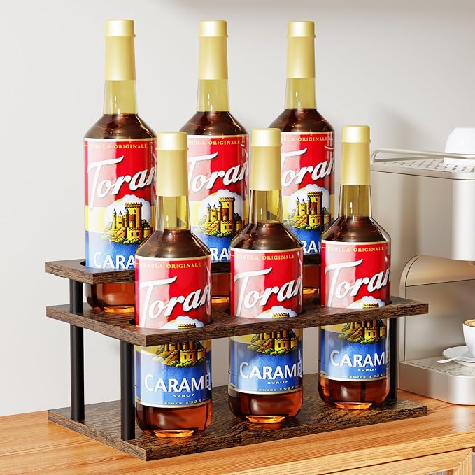 KLM Coffee Syrup Organizer, 2 Tier Wooden Small Display Shelf, Syrup Bottle - Image 4