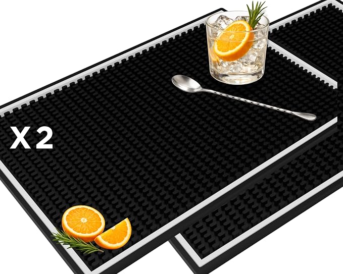 Bar Mat White Frame 18x12 in 2 Pack Silicone, Non-Slip Cocktail Mat by CALUVAR