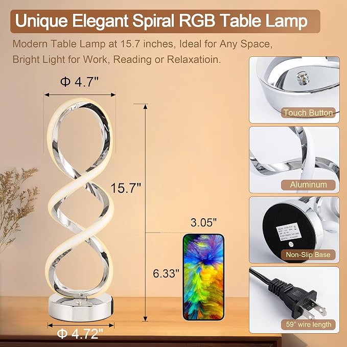 Modern Spiral RGB Table Lamp, Touch Dimmable Bedside Lamp, 7 Colors 10 Light - Image 8