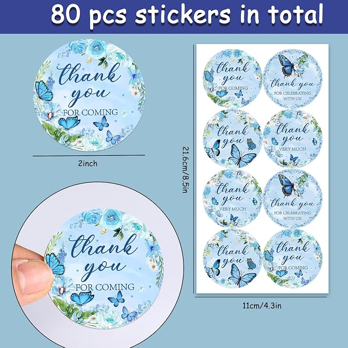 Serencatcher 80pcs Blue Butterfly Thank You Stickers, Floral Thank You - Image 2