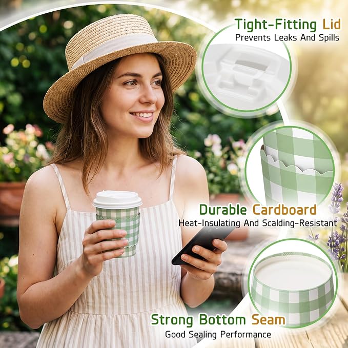 Mimorou 48 Set Green Gingham Disposable Coffee Cups - Image 3