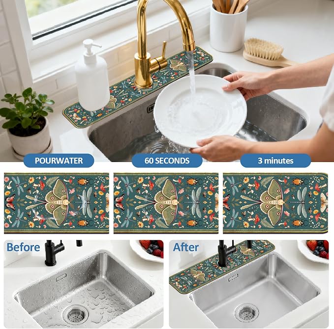 2 Pcs Kitchen Sink Splash Guard Faucet Mat Vintage Green Insects and Plants - Image 5