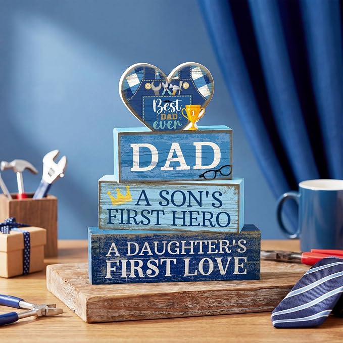 Lineshading 4 Pcs Fathers Day Table Decorations Wooden Blue Heart Trophy Decor - Image 2