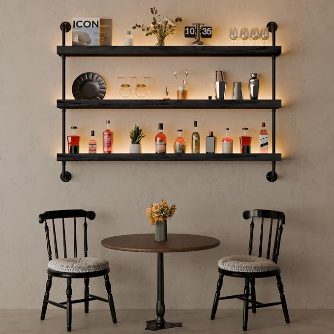 Wall Mounted Wine Rack with LED Light, LED Industrial Pipe Liquor Bar Shelves - Image 8