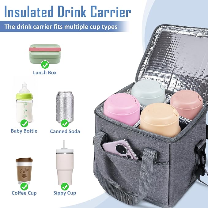 Reusable Drink Carrier with Handle, Tip-Resistant 4 Cup Insulated Bag, - Image 5