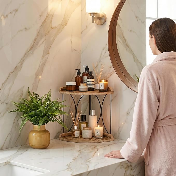 Goaste 2-Tier Bathroom Counter Organizer, Wood Vanity Corner Shelf, Skincare - Image 5