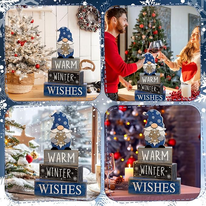 Lineshading 4 Pcs Winter Table Decorations Wooden Gnome Decor Winter Tiered - Image 5