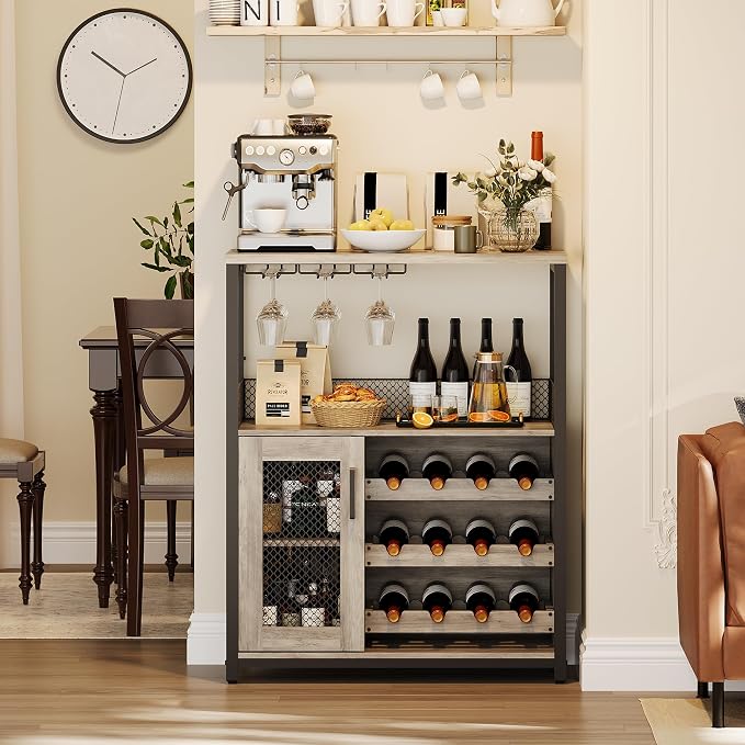 3-Tier Wine Bar Cabinet with LED Lights & Wine Rack, Wine Cabinet with Storage by OUTLANE
