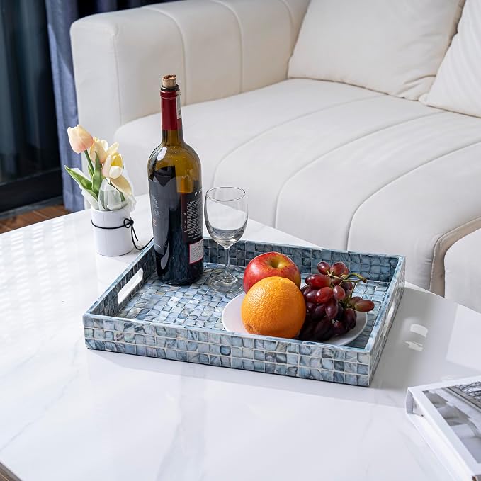 PEMAR Rectangular Mother of Pearl Serving Tray Nacre Wood Lap Ottoman Tray - Image 15