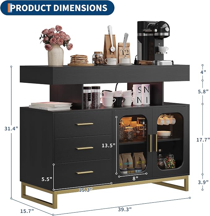 40" LED Buffet Cabinet with Charging Station, Smart Sideboard with RGB 16-Color - Image 2