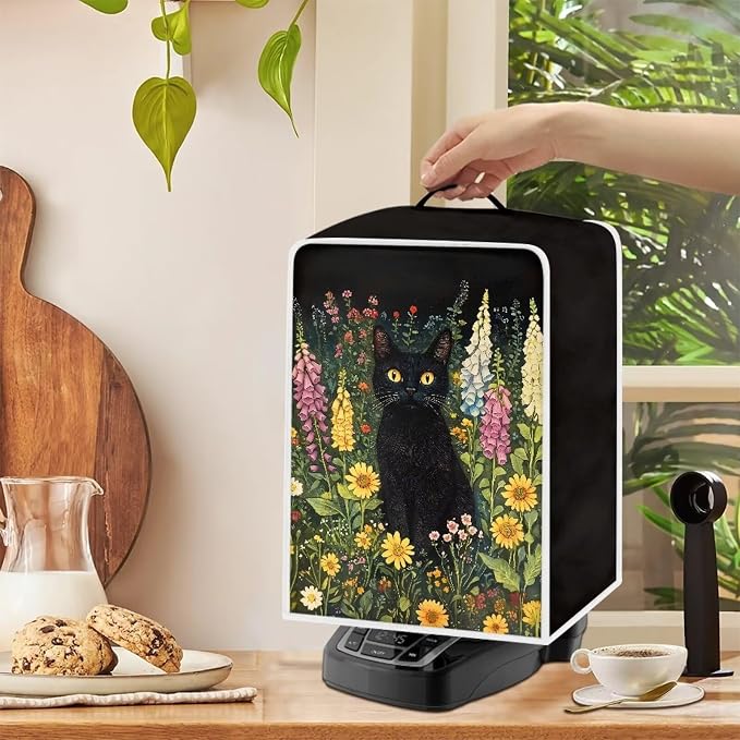 Coffee Machine Covers with Top Handle Black Cat Flower Print Washable Dust - Image 4