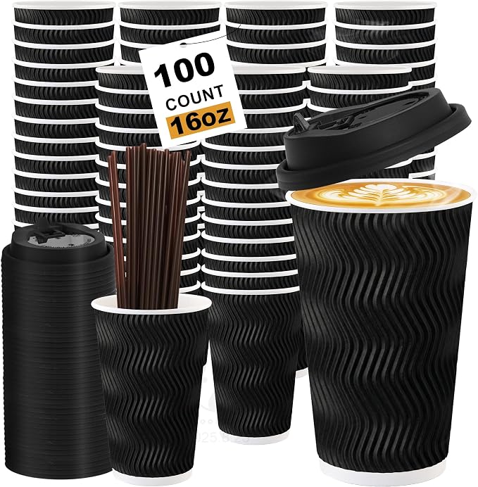 16 oz 100 Pack Corrugated Ripple Wall Disposable Coffee Cups by COOLCAP
