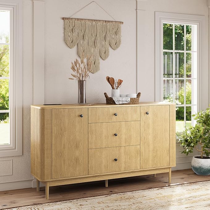 59" Buffet Cabinet with Drawers, Large Fluted Sideboard Buffet Storage Cabinet - Image 4