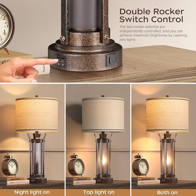 QiMH Farmhouse Table Lamps for Living Room, Rustic Beside Lamps for Bedroom - Image 2