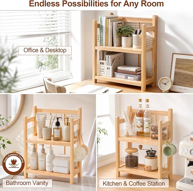 No-Assembly Coffee Bar Organizer, 2-Tier Coffee Station Shelf | Foldable Oak - Image 3