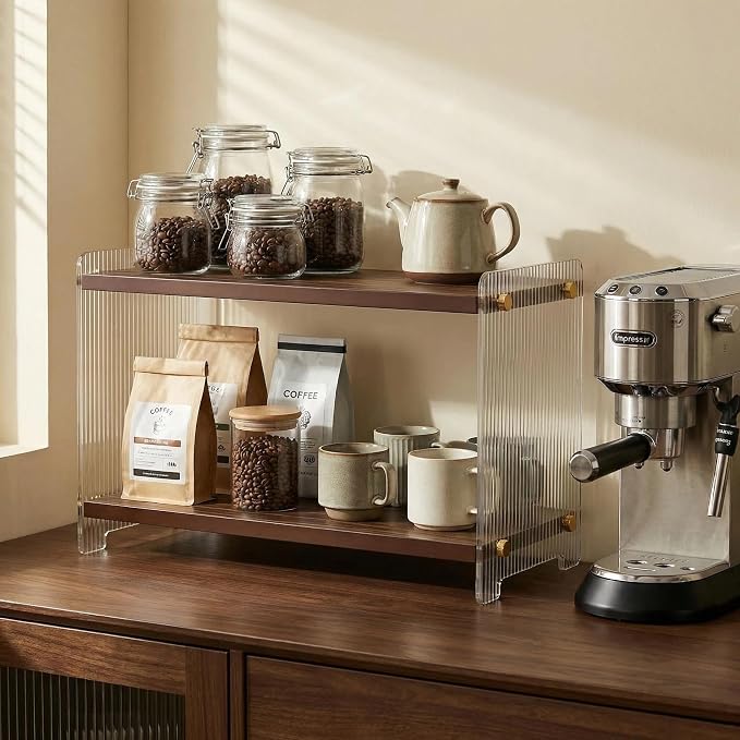 Coffee Station Organizer 2 Tier, Solid Wood Mug Shelffor Coffee Bar, Matcha - Image 2