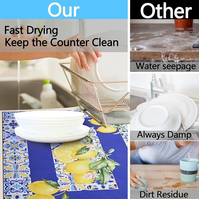 Lemon Dish Drying Mat For Kitchen Counter Absorbent Non-Slip Rubber Backed - Image 5