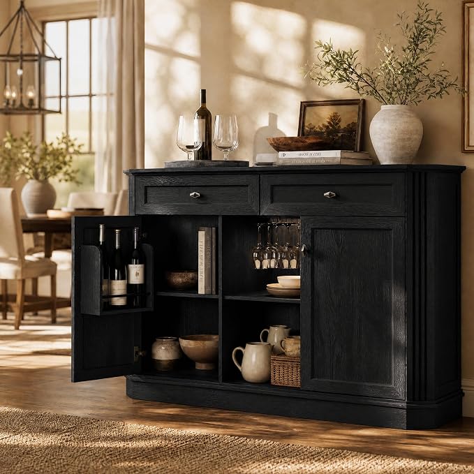 Black Coffee Bar with 2 Drawers & 2 Doors, LED Wine Bar Cabinet with Wine - Image 9