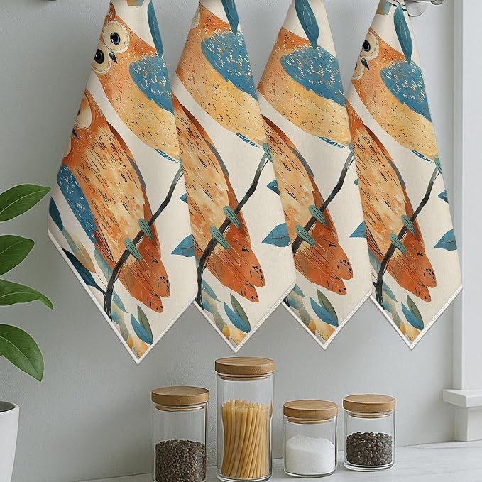 Owls Kitchen Towels Set of 4, Nature Fanciful Leaves Branches Fall Brown - Image 6