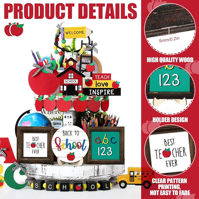 Mifoci 19 Pcs Back to School Tiered Tray Decor Signs Wood Sign Back to School - Image 4